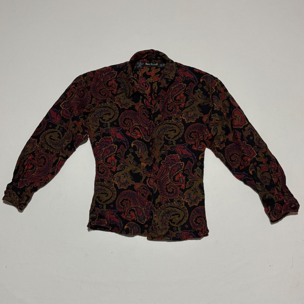 Vintage Anne Klein II Paisley Blouse Womens 8P Multicolor Wool Silk Long Sleeve